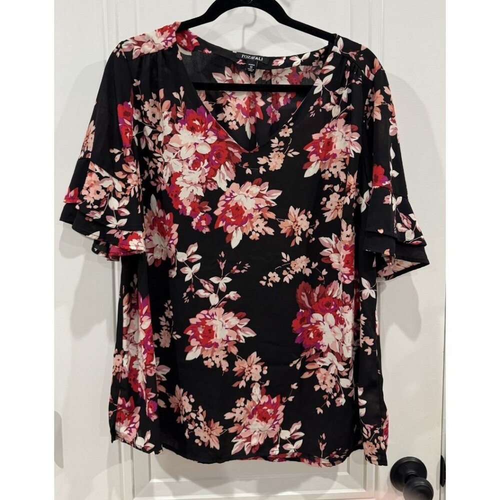 Roz & Ali Black with Pink, Red, and Purple Floral 3/4 Length Bell Sleeves EUC 1x